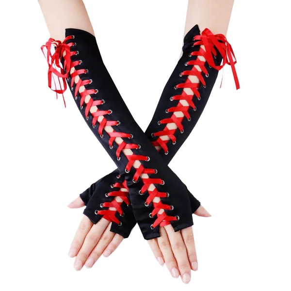 JISEN Womens Fingerless Gloves Elbow Lace Up steampunk Costume Arm Warmer - Satin Red