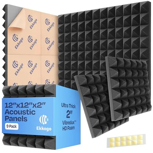 Ekkogo 9-Pack Sound Proof Foam Panels for Walls 12X12X2" Acoustic Foam Panels with Self-Adhesive Easy Installation Pyramid Style for Studio and Home Noise Reduction with Vibredux HD Sound Panels