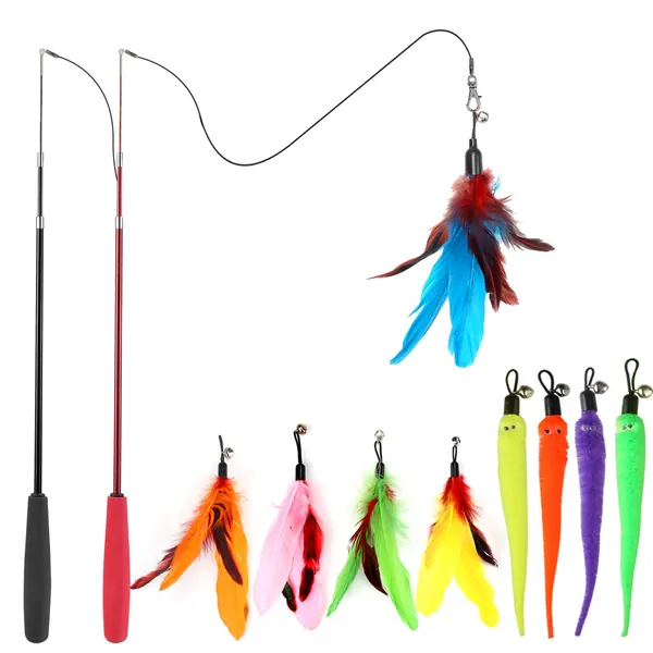 MeoHui Cat Toys, 2PCS Retractable Cat Wand Toy and 9PCS Cat Feather Toys Cat Teaser Toy Refills, Interactive Cat Toy Wand Kitten Toys for Indoor Cats to Play Chase Exercise - Basic