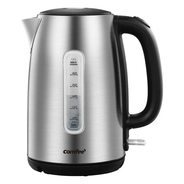 COMFEE' Stainless Steel Cordless Electric Kettle. 1500W Fast Boil with LED Light, Auto Shut-Off and Boil-Dry Protection. 1.7 Liter - stainless steel with window
