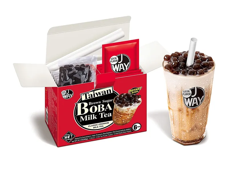 J WAY Instant Boba Bubble Pearl Milk Tea Kit with Authentic Brown Sugar Tapioca Boba, Ready in Under One Minute, Paper Straws Included - 6 Servings - Classic Milk Tea with Brown Sugar Boba 6 Servings