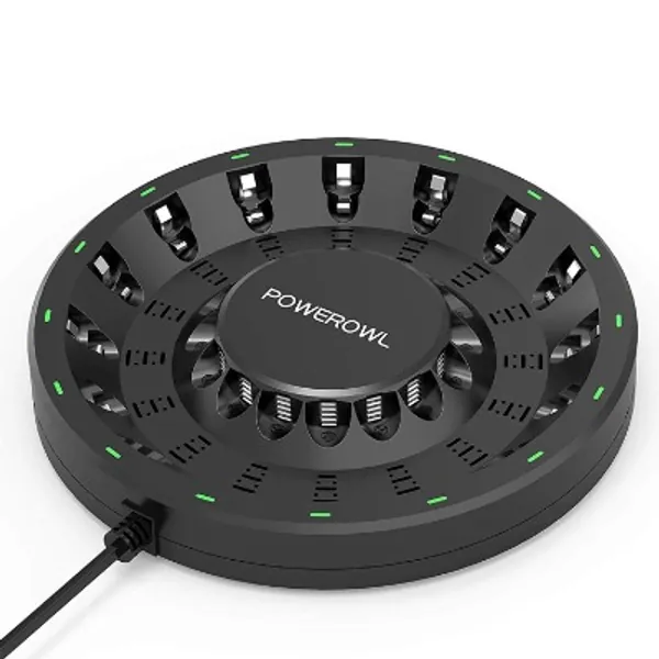 POWEROWL 16 Bay AA AAA Battery Charger (Updated, High Speed Charging) with Smart LED Light and Plug, for NIMH NICD Rechargeable Batteries and More