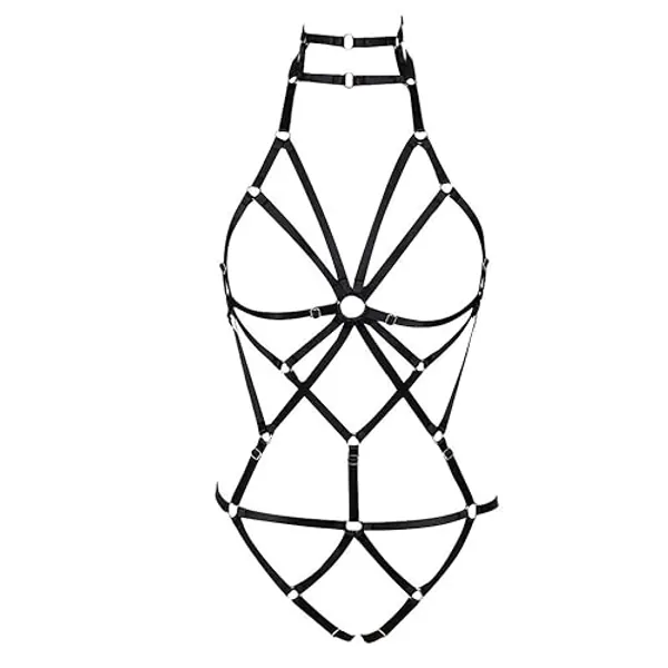 PETM•HS Women's Full Body Harness Garters Set Strappy Stockings Elastic Adjust Belt Punk EDC Dance Rave Costume - Black