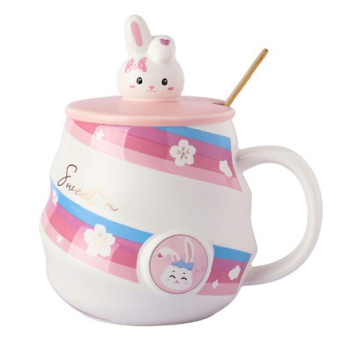 KEYIGOU Cute Coffee Mug Funny Rabbit Cups Ceramic Tea cup with Lid Kawaii Bunny Stuff Gifts for Kids Women Friends