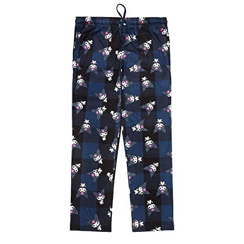 My Melody Kuromi Character Print Women's Black Plaid Sleep Pajama Pants with Pockets - X-Large