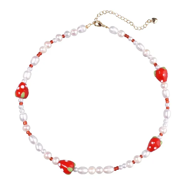 Y2K Natural Freshwater Pearl Beaded Necklace Choker “Fun Flirty” Summer Smiley Face Necklaces for Women Teen Girls Handmade Boho Jewelry - Strawberry