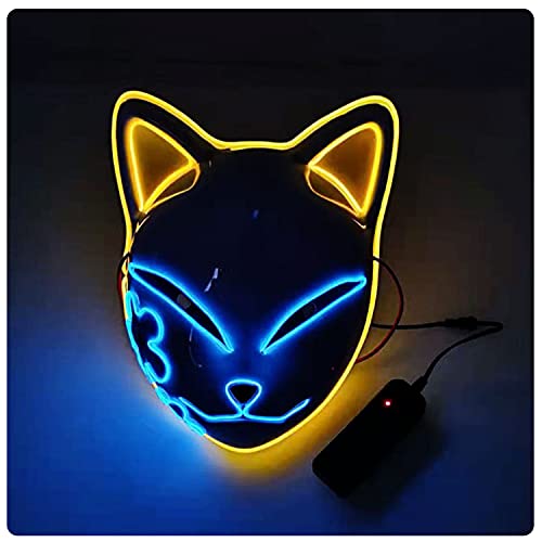 Demon Slayer LED Mask Fox Face Cosplay Glowing Mask Japanese Anime Demon Slayer Cosplay Masquerade Party - Yellow