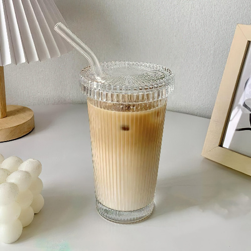Ridged Glass Cup with Straw - Bent Straw