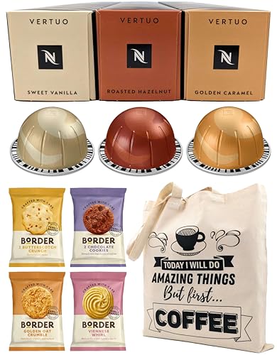 Nespresso Vertuo Coffee Pods Capsules Barista Creations Selection - Sweet Vanilla, Roasted Hazelnut, Golden Caramel - 30 Pods Bundled with Border Biscuits and Giftable Tote Bag