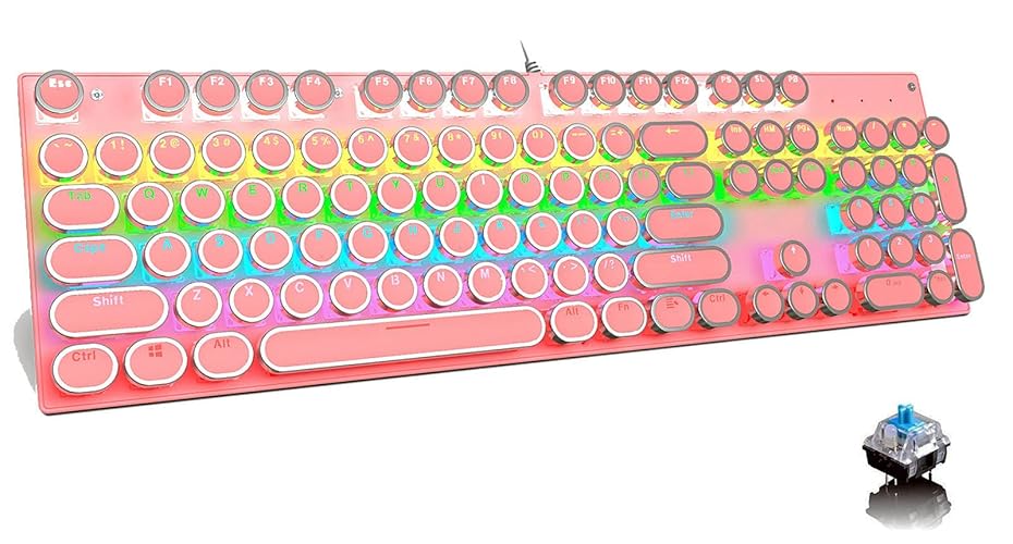 Gaming Keyboard,Pink Retro Punk Typewriter Style,Mechanical Keyboard 104 Keys Blue Switch with 9 True RGB Backlight Modes,Wired Cute Keyboard, Round Keycaps for Windows/Mac/PC - 104 Key Pink