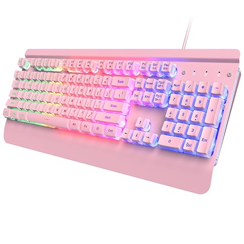 Pink Creamy Keyboard, 104 Keys All-Metal Panel, Rainbow LED Backlit Silent Gaming Keyboard, Wrist Rest, PBT Keycap, Anti-ghosting Keys, Light Up USB Wired Computer Keyboard for PC - Pink