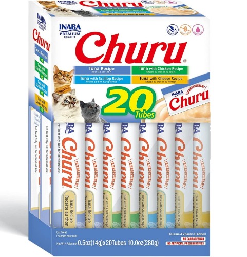INABA Churu Cat Treats, Grain-Free, Lickable, Squeezable Creamy Purée Cat Treat/Topper with Vitamin E & Taurine, 0.5 Ounces Each Tube, 20 Tubes, Tuna Variety Box