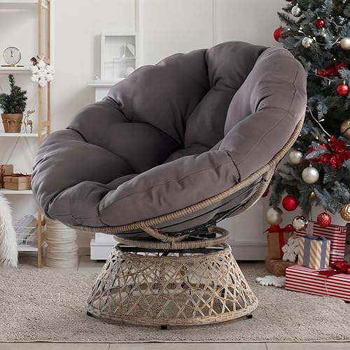 Bme 40" Ergonomic Wicker Papasan Chair with Soft Thick Density Fabric Cushion, High Capacity Steel Frame, 360 Degree Swivel for Living, Bedroom, Reading Room, Lounge