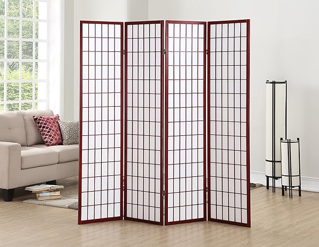 Roundhill Furniture Oriental Shoji 4 Panel Screen Room Divider, Cherry - Cherry - Divider