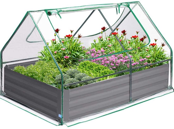 Quictent 4×3×1 Ft Extra-Thick Galvanized Steel Raised Garden Bed Planter Kit Box with Greenhouse 2 Large Zipper Windows Dual Use, 20pcs T-Types Tags & 1 Pair of Gloves Included (Clear)