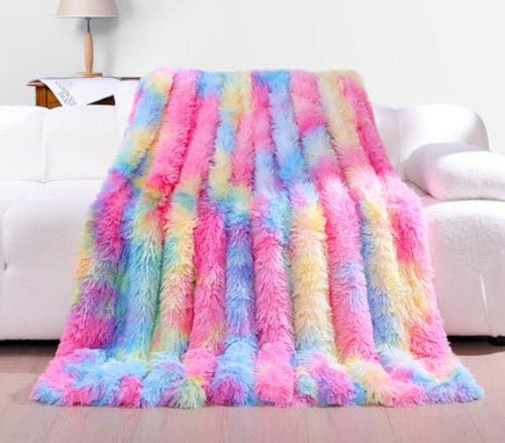 KANKAEU Rainbow Blanket, Throw Blanket, Fluffy Blanket 160×200 cm, Faux Fur Throw Blanket, Soft Warm Blanket, Wool Blanket, Sofa Blanket, Fleece Blanket, Bedspread - Rainbow - 160x200 cm