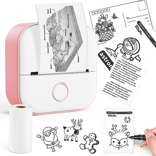 Memoking Mini Thermal Printer - T02 Pocket Compact Bluetooth Wireless Portable Mobile Printer, 203dpi Black and White Printing for Gift Study Notes Work Children, Compatible with iOS & Android, Pink - Pink - 1 Printer + 1 Roll Paper