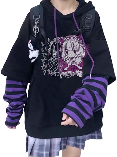 YINGKE Damen Anime Kapuzenpullover Japan Kawaii Hoodie E-Girl Streetwear Mädchen Y2K Gothic Sweatshirt Pullover - Black Purple C - S