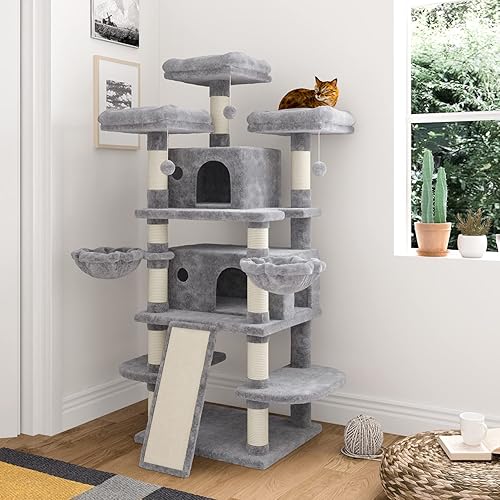 IMUsee 68 Inches Multi-Level Large Cat Tree for Large Kitties/Big Cat Tower with Condo/Cozy Plush Perches/Sisal Scratching Posts and Hammocks/ ‌Feline Activity Center Play House/Grey - Grey