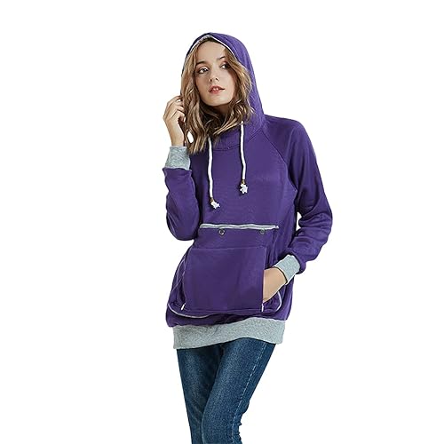 Pet Pouch Hoodie Long Sleeve Fleece Kitten Puppy Holder Carrier Sweatshirt for Women - Purple - X-Large