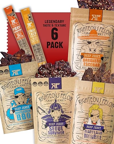 Righteous Felon Beef Jerky & Meat Sticks Variety Pack | Gluten Free Beef Jerky Snack Packs for Adults | High Protein, Keto, Low Sugar | Made with Premium Meats | Gifts for Men | Spicy Jerky 6 Pack - Spicy 6 Pack
