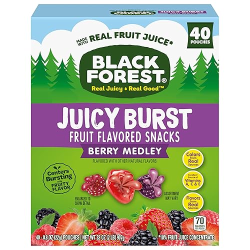 Black Forest Juicy Burst Fruit Snacks, Berry Medley, 0.8 Ounce Pouches (40 Count) - Berry Medley - 40 Count