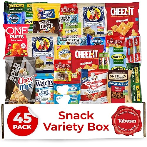 Snack Box (45 Pieces) Gift Care Package Basket for Adults Kids Office College - Perfect for Birthdays Holidays - Packed in a Beautiful Gift Box - 45 Count