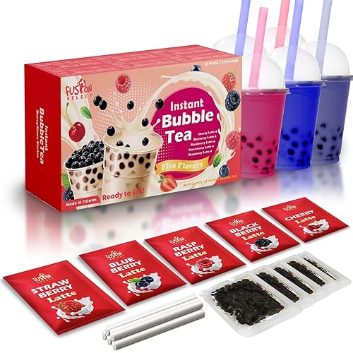 Fusion Select 5 Packs Bubble Tea Kit Extra Rich Blueberry, Raspberry Strawberry Blackberry Cherry Boba Tea Kit Drinks, Boba Tapioca Pearl, Straws, Various Tea Set Flavors - Berrilious Mix
