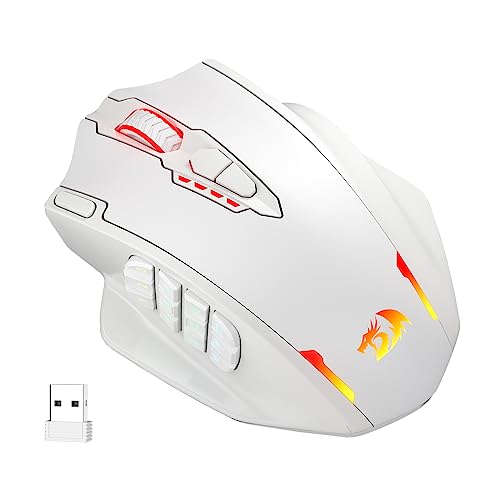 Redragon M913 Impact Elite Wireless Gaming Mouse, 16000 DPI Wired/Wireless RGB Gamer Mouse with 16 Programmable Buttons, 45 Hr Battery and Pro Optical Sensor, 12 Side Buttons MMO Mouse - White - Wireless M913