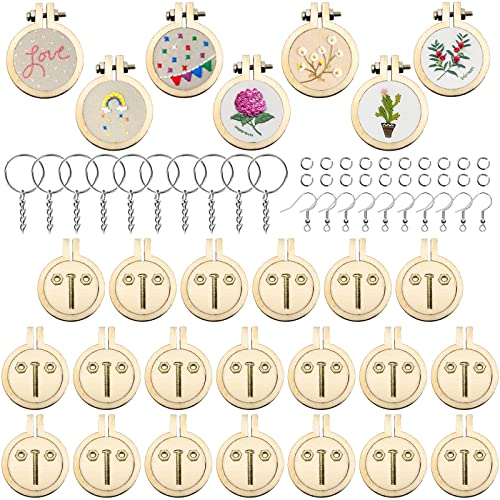ZOCONE 20 Packs Mini Embroidery Hoops, Small Ring Tiny Embroidery Hoops with Keychain Earring Hooks Jump Rings, Round Wood Hoops for DIY Embroidery Necklace Jewelry Pendant and Keychain - 20 Pack Round Hoops+Accessories