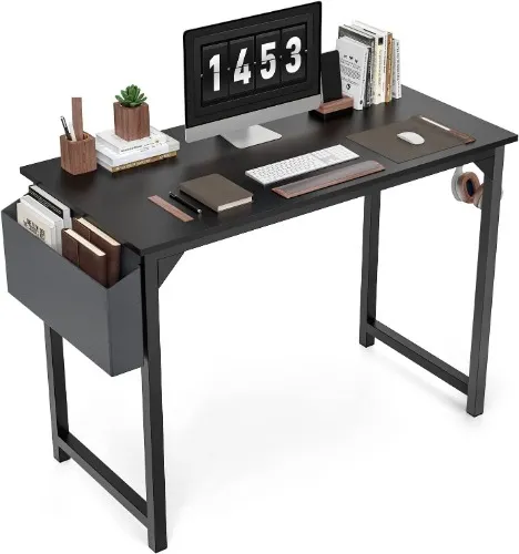 SMUG Computer 40 Inch Home Office Writing Work Study Small PC Desk Modern Simple Table with Storage Bag Headphone Hook, Black, 4019.7