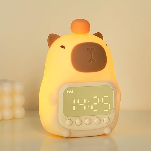 Capybara Alarm Clock with Night Light for Kids, Cute Alarm Clocks for Bedrooms Ok to Wake Clocks, Silicone Animal Tabletop Lamp for Teen Girls Boys - Capybara-No RGB