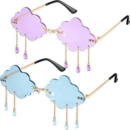 Weewooday 2 Pairs Tassel Clouds Shaped Sunglasses Rimless Men Women 90s Disco Sunglasses - Light Blue, Purple