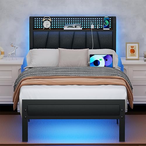 Furnulem Twin Size Bed Frame with LED Light and Charging Station, Grey Upholstered Storage Headboard with Shelf, Metal Platform Bed with Heavy Duty Slats, No Box Spring Needed, Noise Free - Twin