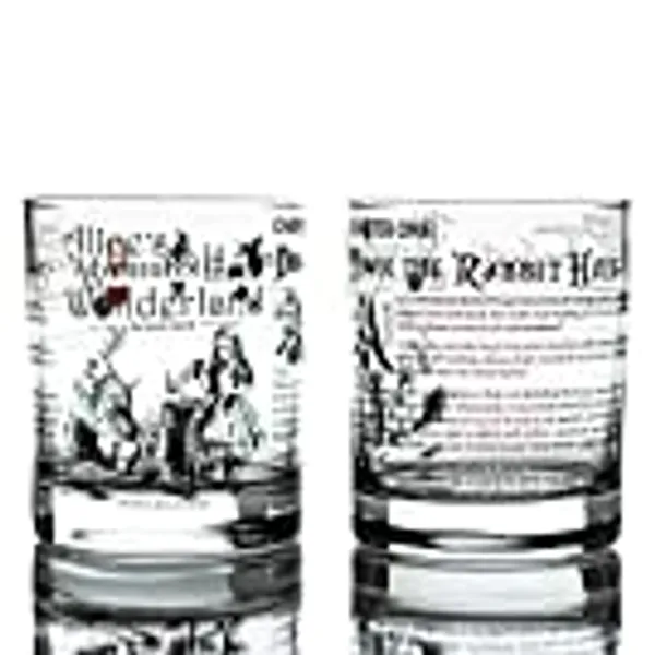 Greenline Goods Whiskey Glasses - Alice in Wonderland (Set of 2) | Literature Rocks Glass with Lewis Carroll Book Images & Writing