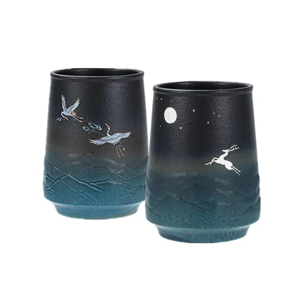 RioHouse Tea Cup Set of 2, Chinese/Japanese Ceramic Tea Cup Handmade Vintage Coffee Mug, Gift for Mom Dad Friends on Birthday Christmas, 10 oz