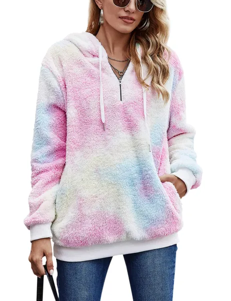 iWoo Teddy Fleece Sweatshirts Womens Casual Double Fuzzy Fluffy Hoodie Solid Color Warm Stylish 1/4 Zip Pullover with Pockets
