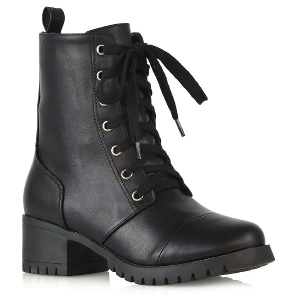 ESSEX GLAM Womens Low Heel Platform Ankle Boots Ladies Cleated Sole Combat Lace Up Shoes Size 3-8