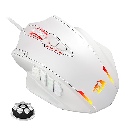 Redragon M908 Impact RGB LED MMO Gaming Mouse with 12 Side Buttons, Optical Wired Ergonomic Mouse with Max 12,400DPI, High Precision, 18 Programmable Macro Shortcuts, Comfort Grip, White - White - Wired M908