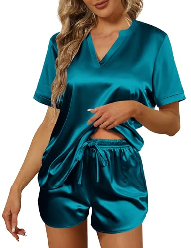 Ekouaer Silk Pajamas for Women Short Sleeve Sleepwear Two-piece Pjs Set Soft V Neck Loungewear Tops with Pj Shorts S-XXL - Small - Teal Blue