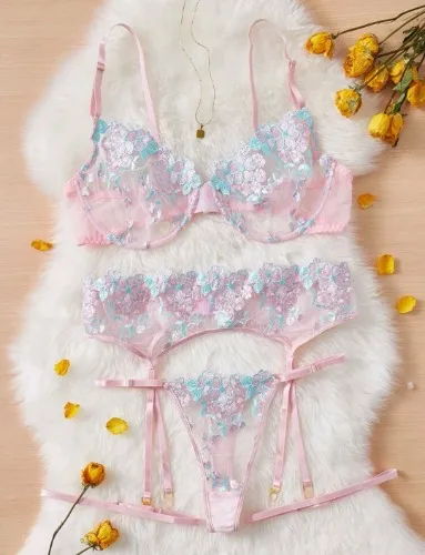 Floral Embroidery Mesh Underwire Lingerie Set