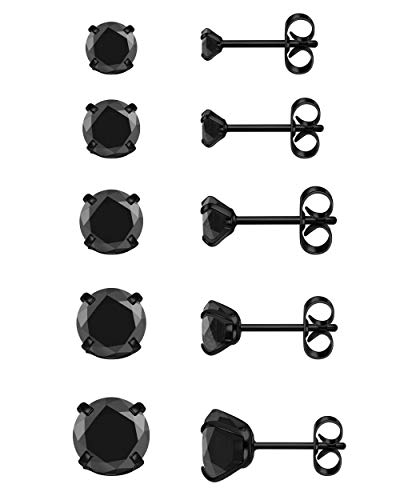 Jovivi 20G Hypoallergenic Stainless Steel Stud Earrings 5Paris Cubic Zirconia CZ/Ball Earrings Studs Set for Men Women 3MM-8MM - A: Black