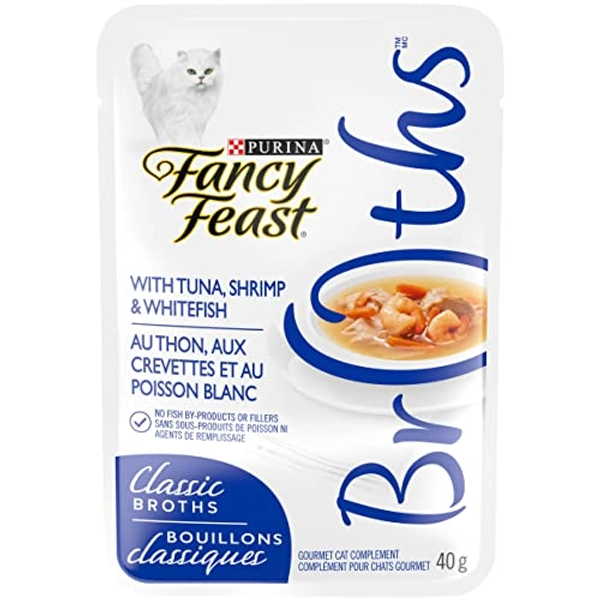 Fancy Feast Cat Food Complement, Classic Broths with Tuna, Shrimp & Whitefish - 40 g Pouch (16 Pack)