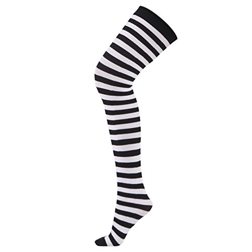 HDE Women's Striped Thigh High Stockings Tights Over Knee High OTK Nylon Socks - One Size - Black & White