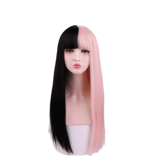 SinRany Long Half Color Wig With Air Bang Halloween Party Wig (Half Black Half Pink2#) - Half Black Half Pink2#