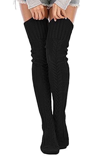 SherryDC Women's Cable Knit Thigh High Socks Winter Boot Stockings Extra Long Over Knee High Leg Warmers - One Size - Black