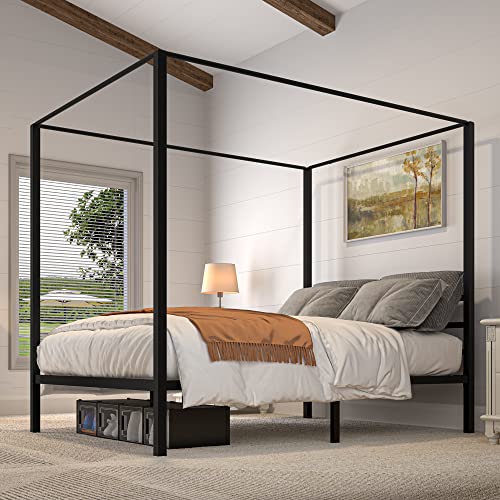 YITAHOME Canopy Bed Frame Metal Four Posters 14 Inch Platform with Built-in Headboard Strong Metal Slat Mattress Support, No Box Spring Needed, Black, Queen Size - Alloy Steel - Black - Queen
