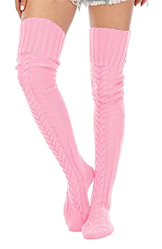SherryDC Women's Cable Knit Thigh High Socks Winter Boot Stockings Extra Long Over Knee High Leg Warmers - One Size - Pink