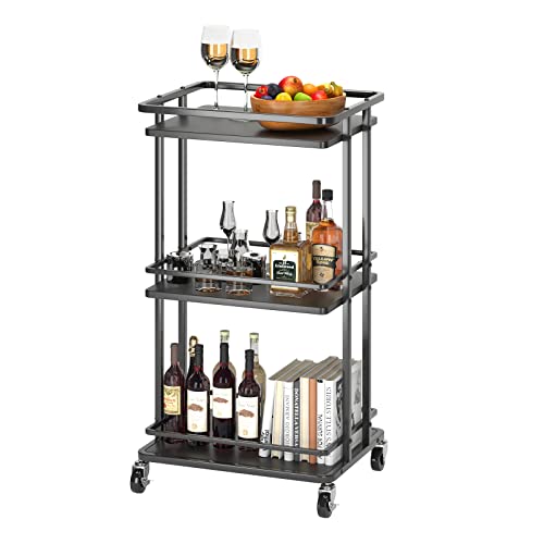 XYZLVSI 3-Tier Rolling Serving Bar Cart, Wood and Metal Kitchen Island Storage Cart with Wheels, Multifunction Utility Cart Storage Rack for Home, Kitchen, Bar, Dinning Room, Living Room (Black) - 3 Tier Black