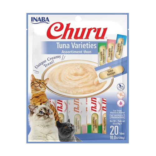 INABA Churu Cat Treats, Lickable, Squeezable Creamy Purée Cat Treat with Green Tea Extract & Taurine, 0.5 Ounces Each Tube, 20 Tubes, Tuna Variety Bag (with Salmon) - Tuna Variety Bag - 0.5 Ounce (Pack of 20)